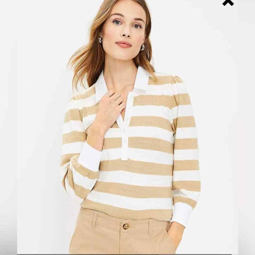White Brown LOFT Striped Puff Shoulders Collared Long Sleeve Rugby Top (NWT)